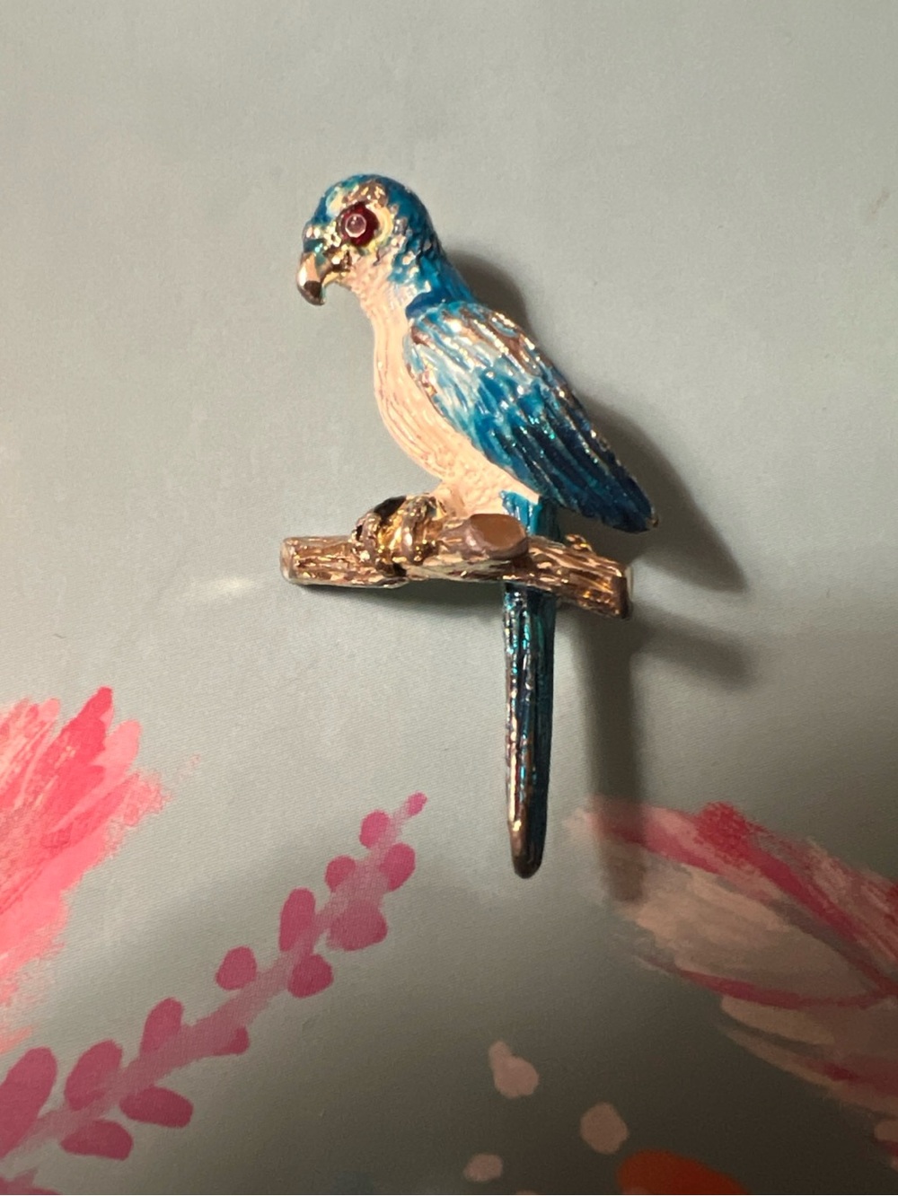 Vintage blue parrot red glass eye small metal pin
